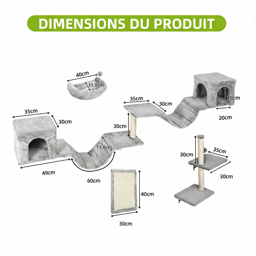 Parcours Mural pour Chat 8 Pièces - Ensemble Complet avec Niches, Pont & Griffoirs