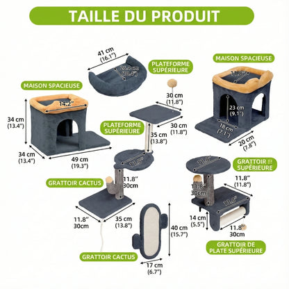 Parcours Mural Chat "Urban Cactus" 7 Pièces - Gris & Jaune avec Niche & Hamac