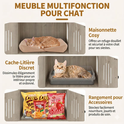 Meuble Arbre à Chat 170 cm avec Cache-Litière Intégré - Bois, Capsule & Rangement