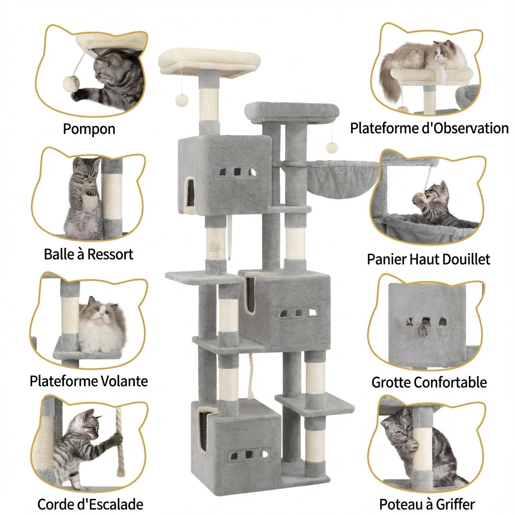 Arbre à Chat Géant 193cm - 7 Niveaux, 3 Niches & Griffoirs en Sisal