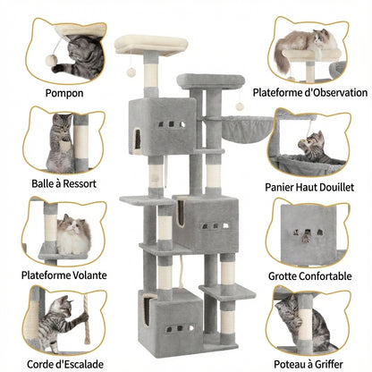 Arbre à Chat Géant 193cm - 7 Niveaux, 3 Niches & Griffoirs en Sisal