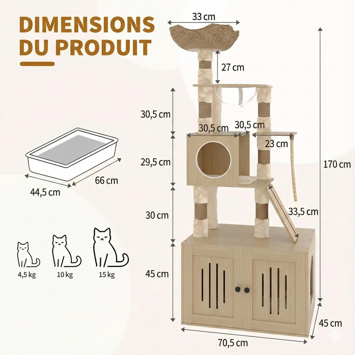 Meuble Arbre à Chat 170 cm avec Cache-Litière Intégré - Bois, Capsule & Rangement