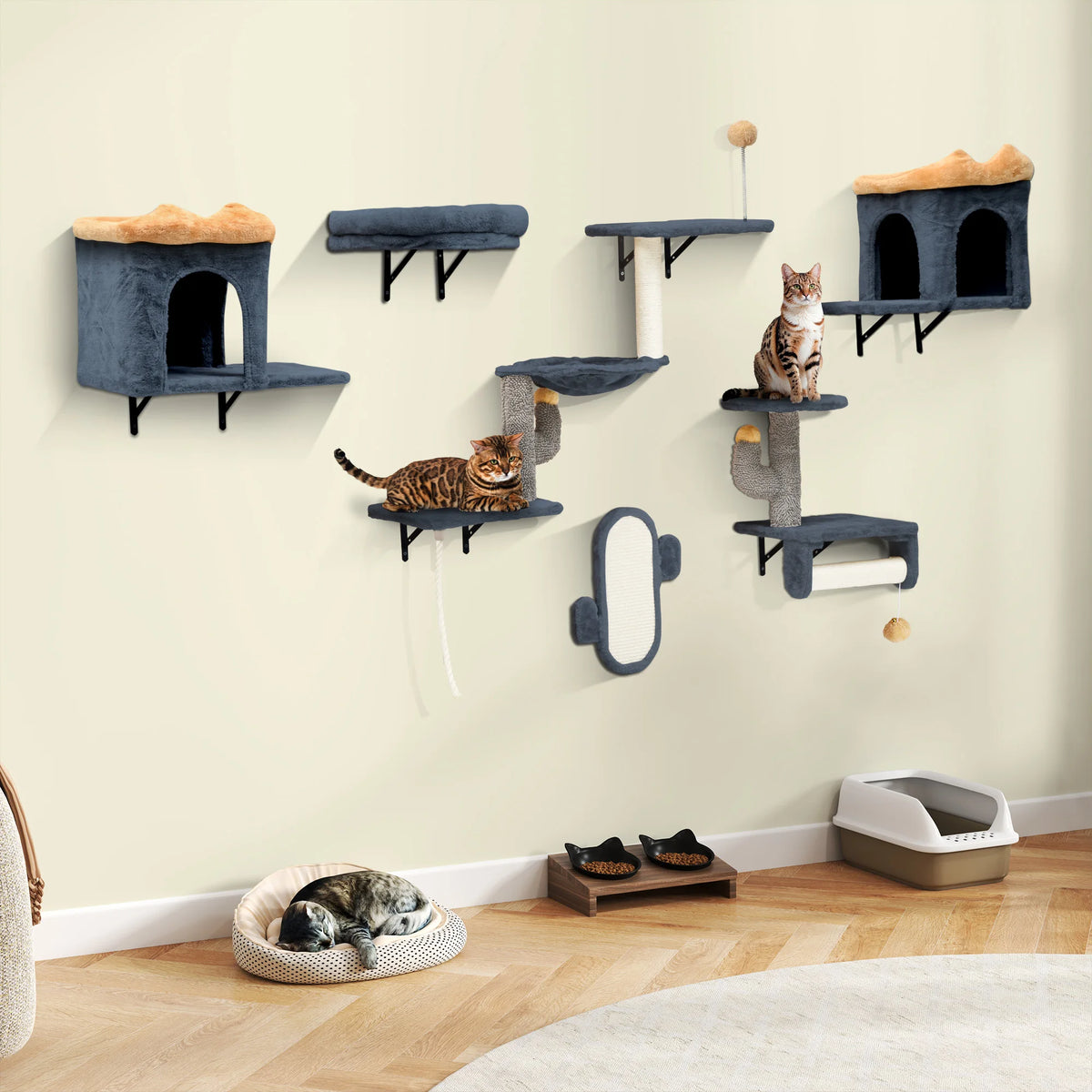 Parcours Mural Chat "Urban Cactus" 7 Pièces - Gris & Jaune avec Niche & Hamac