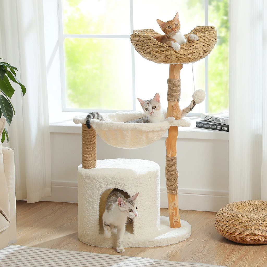 Arbre à Chat Bois & Rotin 102 cm "Le Naturaliste" - Tronc Véritable & Panier Tressé