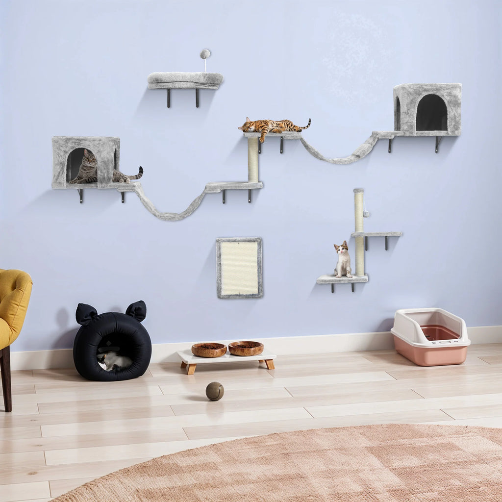 Parcours Mural pour Chat 8 Pièces - Ensemble Complet avec Niches, Pont & Griffoirs