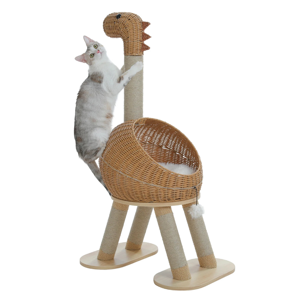 Arbre à Chat Design "Le Dino" 116 cm - Rotin Tissé & Sisal Naturel