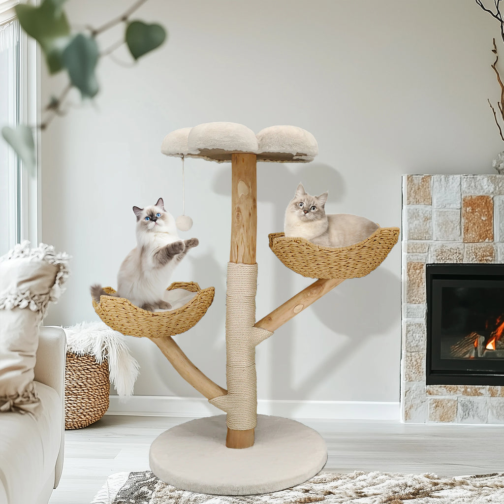 Arbre à Chat "Boho Chic" en Bois Naturel & Panier Fleur Tressé (111 cm)