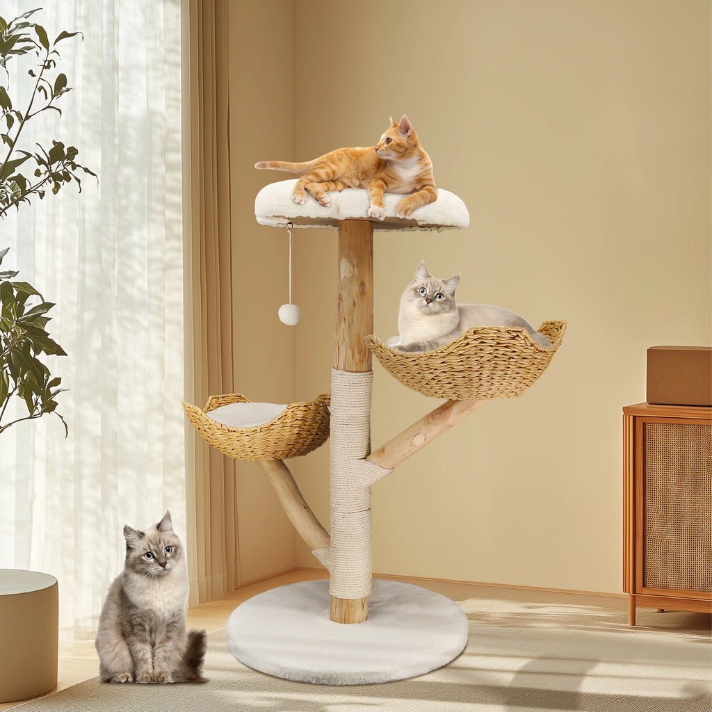 Arbre à Chat "Boho Chic" en Bois Naturel & Panier Fleur Tressé (111 cm)