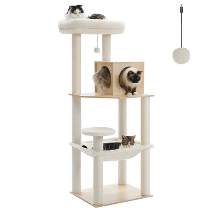 Arbre à Chat en Bois 143 cm - Coussins Lavables, Niche Cube & Sisal