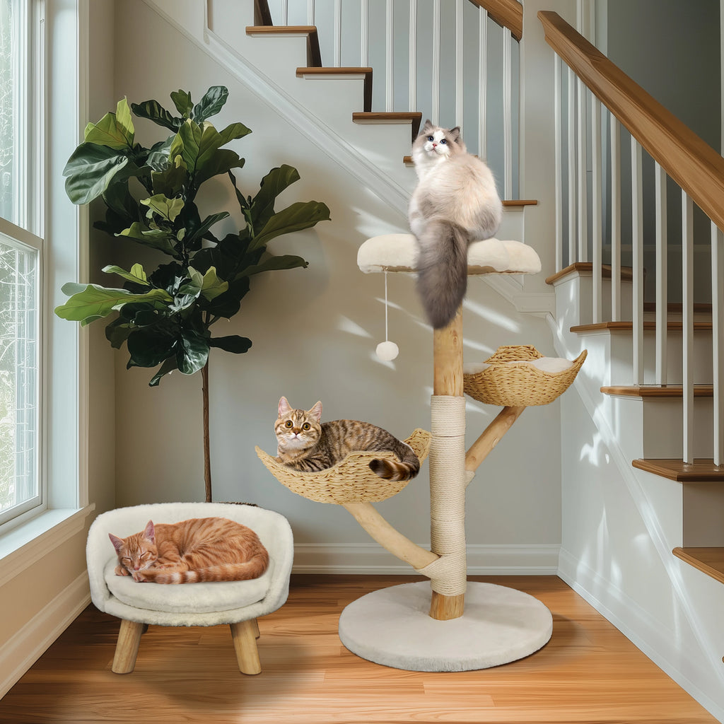Arbre à Chat "Boho Chic" en Bois Naturel & Panier Fleur Tressé (111 cm)