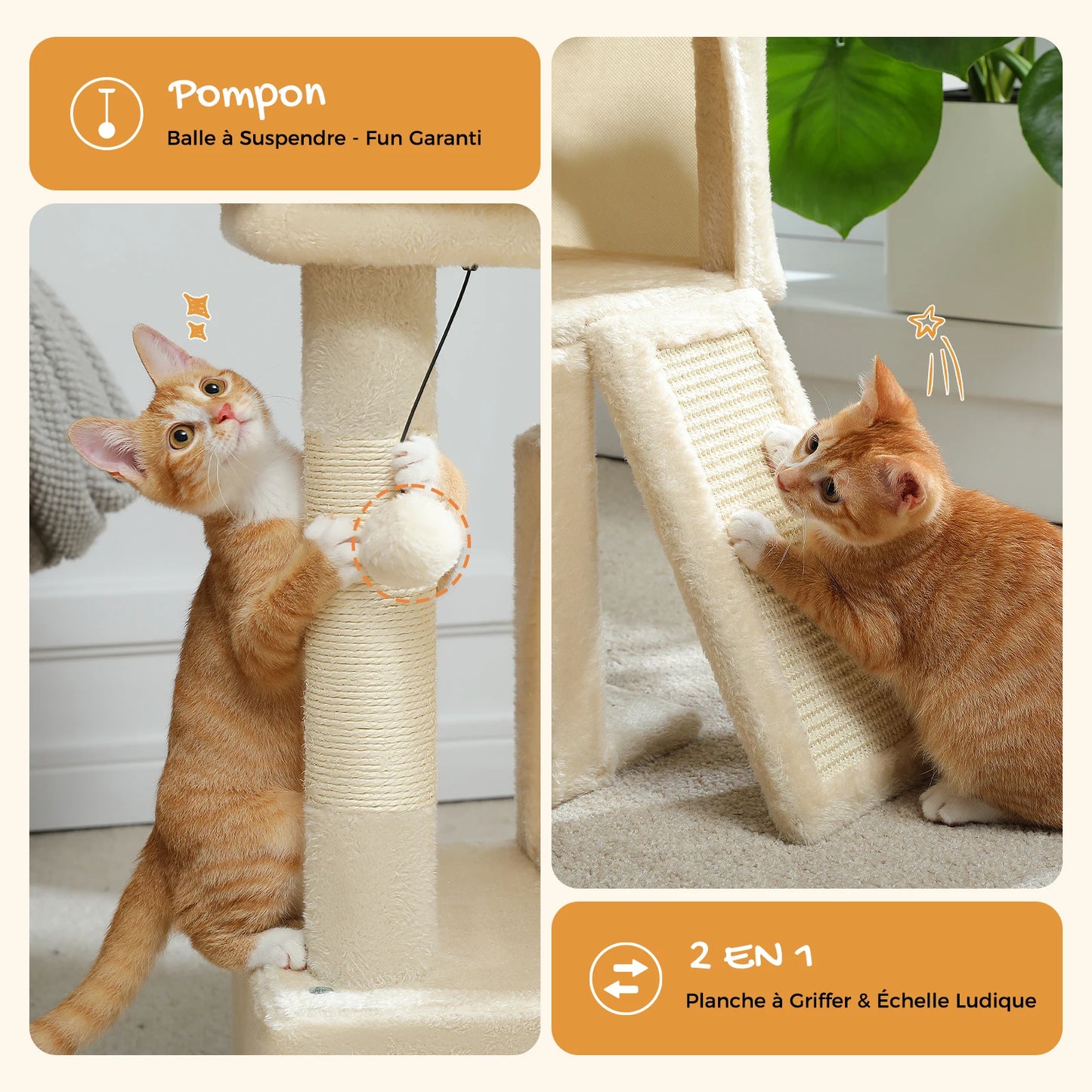 Arbre à Chat Compact 77cm "Le Douillet" - Double Niche & Perchoir Rembourré | Les Arbres à Chat