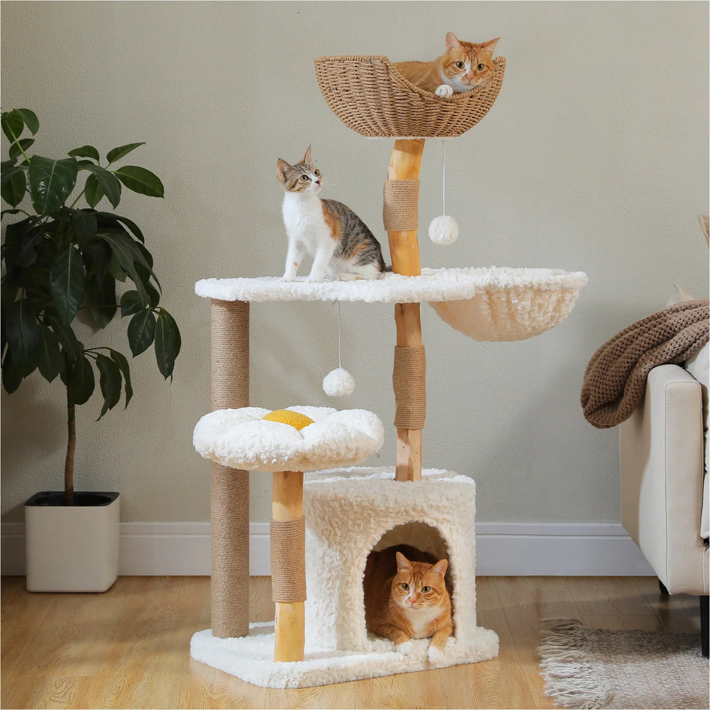 Arbre à Chat Design Fleur & Rotin 123 cm - Panier Tissé & Bois
