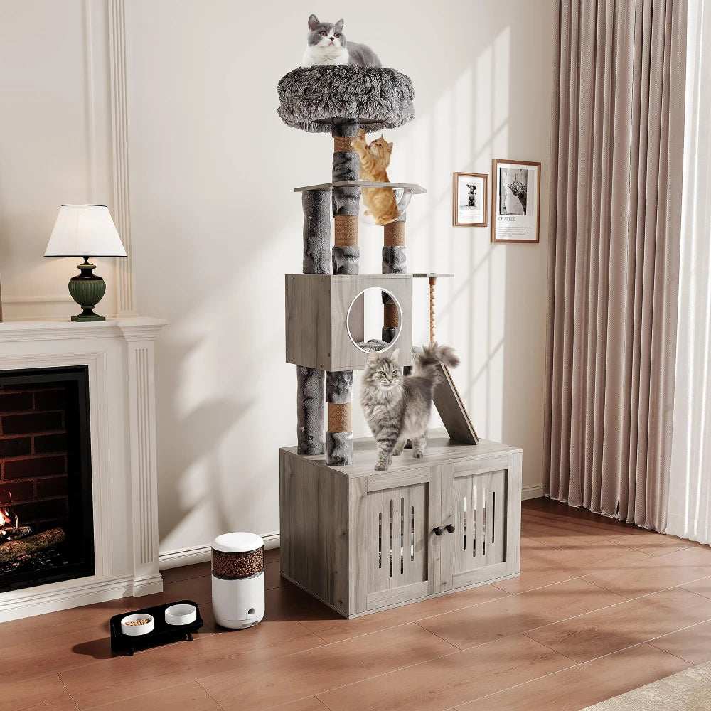Meuble Arbre à Chat 170 cm avec Cache-Litière Intégré - Bois, Capsule & Rangement