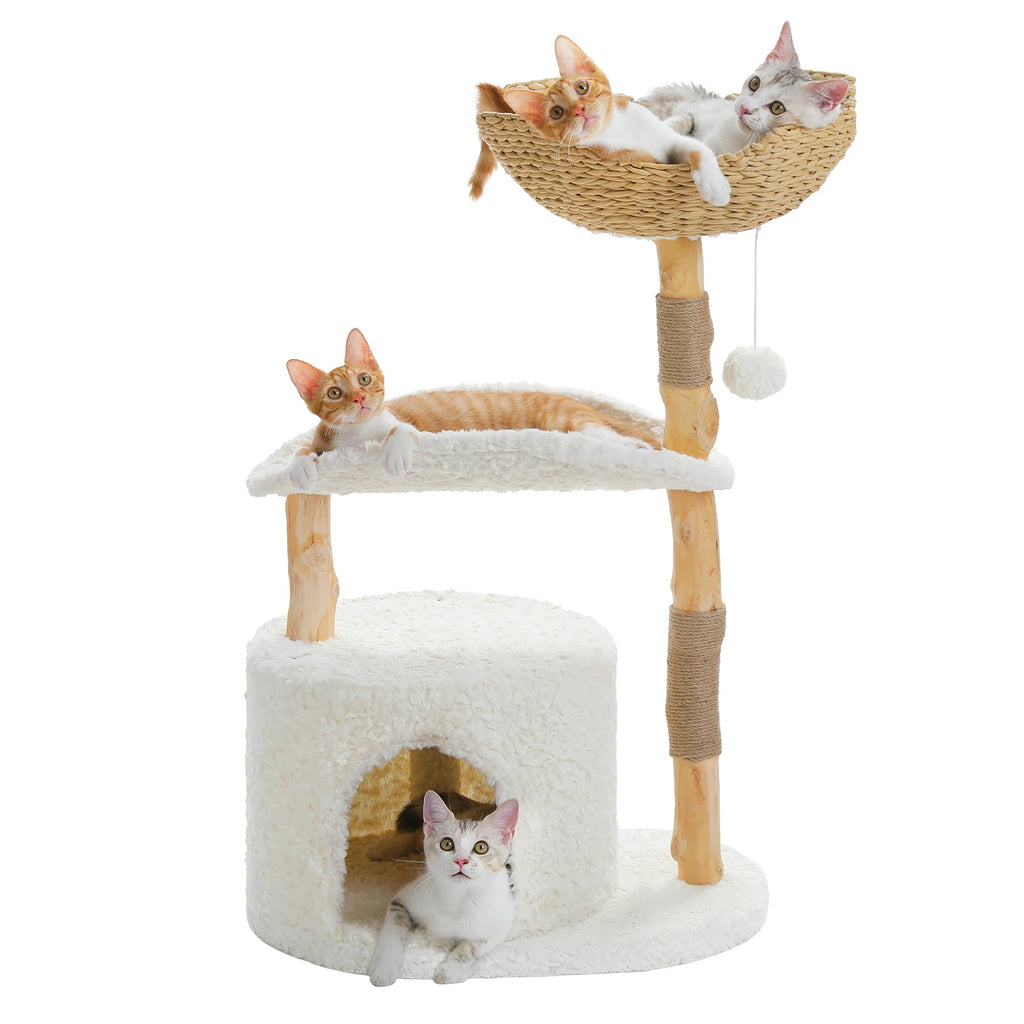 Arbre à Chat Bois & Rotin 102 cm "Le Naturaliste" - Tronc Véritable & Panier Tressé