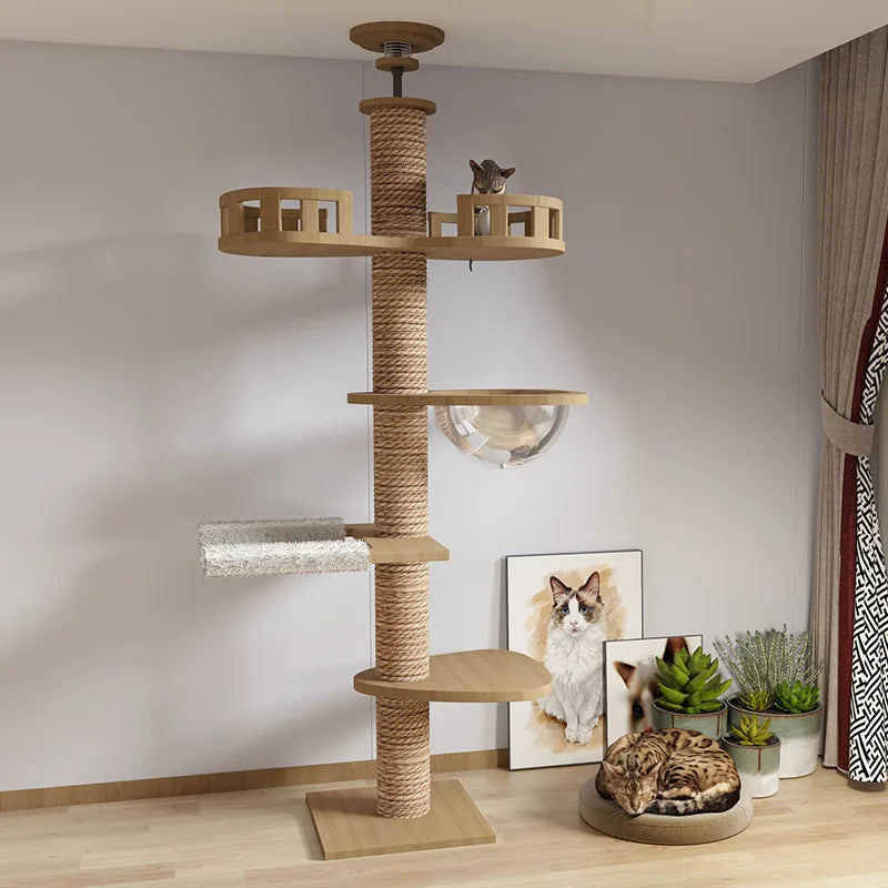 Arbre à Chat Plafond "Le Zénith" - Bois Massif & Fixation Triple Sécurité