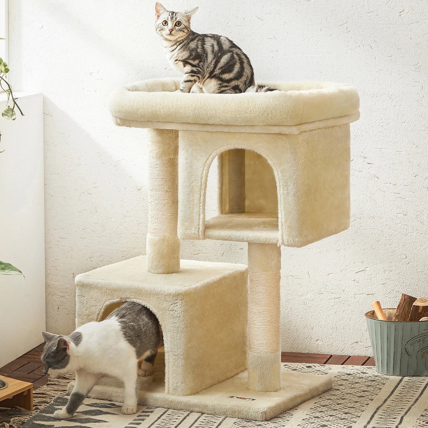 Arbre à Chat Compact 84 cm "Le Double Niche" - Housse Lavable & Stable