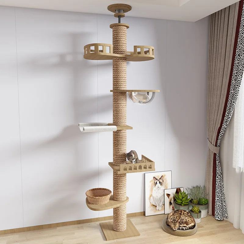 Arbre à Chat Plafond "Le Zénith" - Bois Massif & Fixation Triple Sécurité