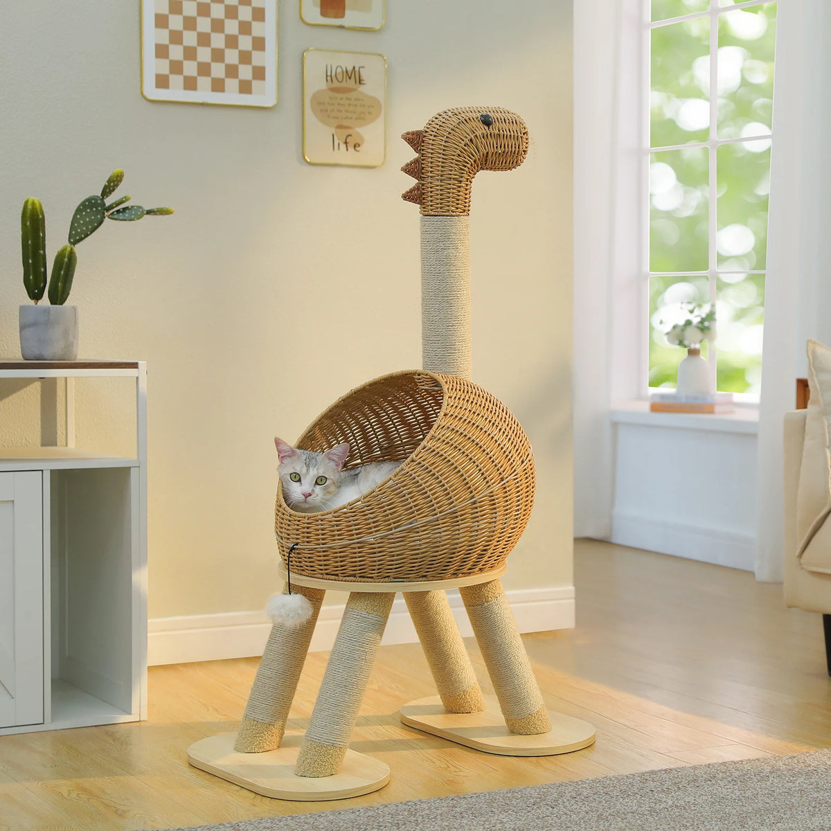 Arbre à Chat Design "Le Dino" 116 cm - Rotin Tissé & Sisal Naturel