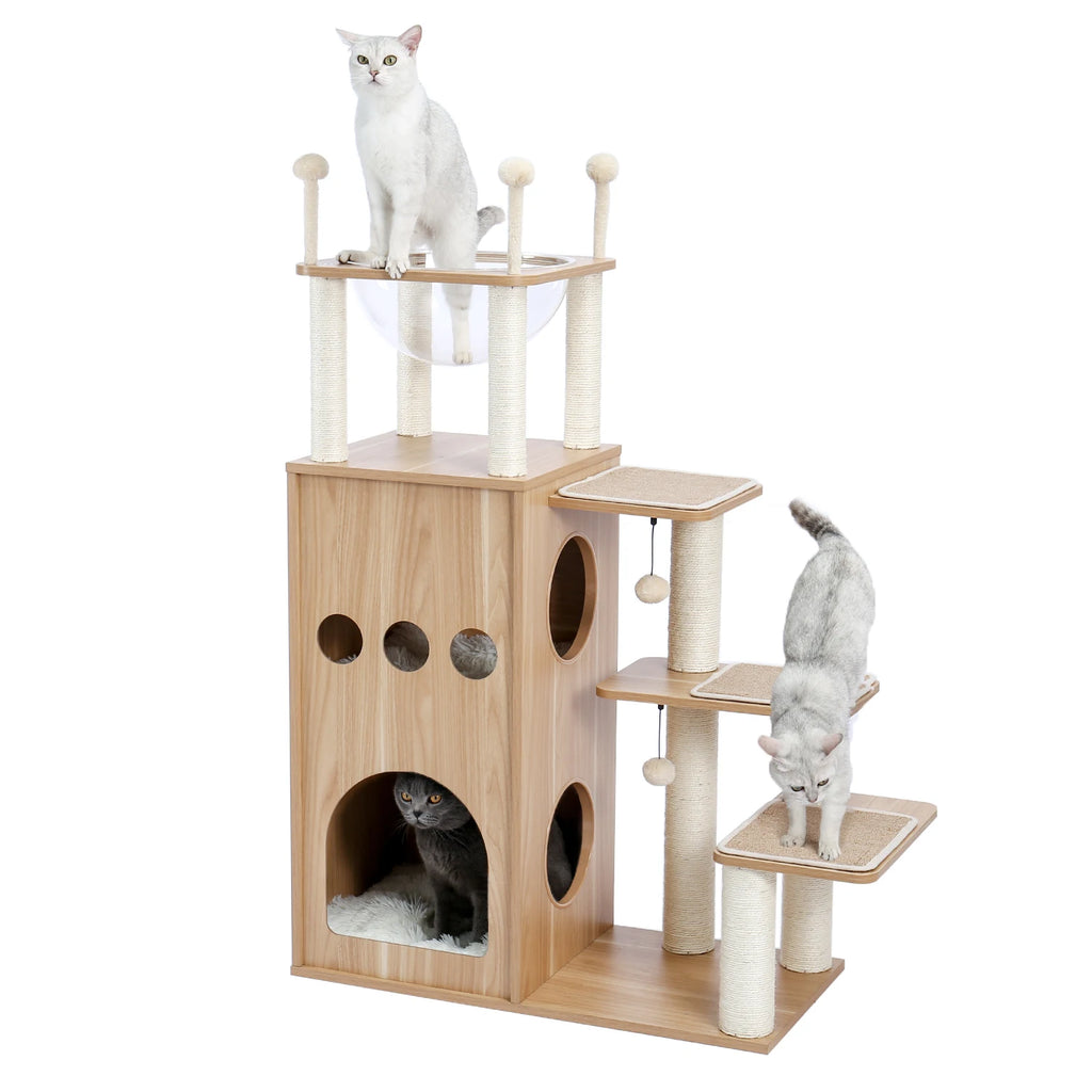 Arbre à Chat Bois Moderne "Le Château" 130 cm - Capsule Transparente & Coussins Lavables