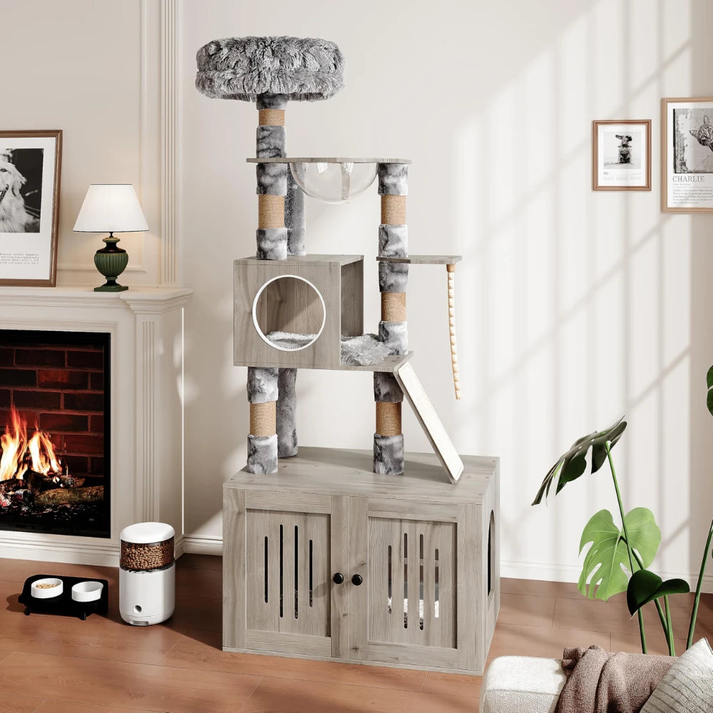 Meuble Arbre à Chat 170 cm avec Cache-Litière Intégré - Bois, Capsule & Rangement