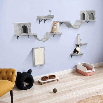 Parcours Mural pour Chat 8 Pièces - Ensemble Complet avec Niches, Pont & Griffoirs