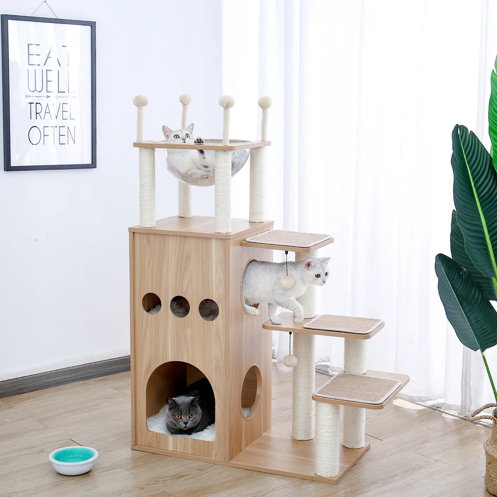 Arbre à Chat Bois Moderne "Le Château" 130 cm - Capsule Transparente & Coussins Lavables