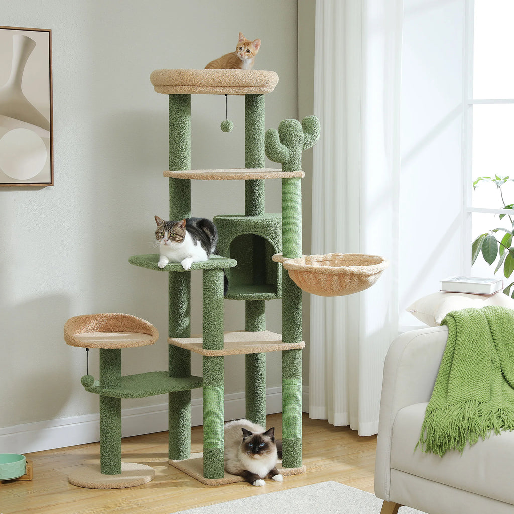 Arbre à Chat Bois Moderne "Le Château" 130 cm - Capsule Transparente & Coussins Lavables