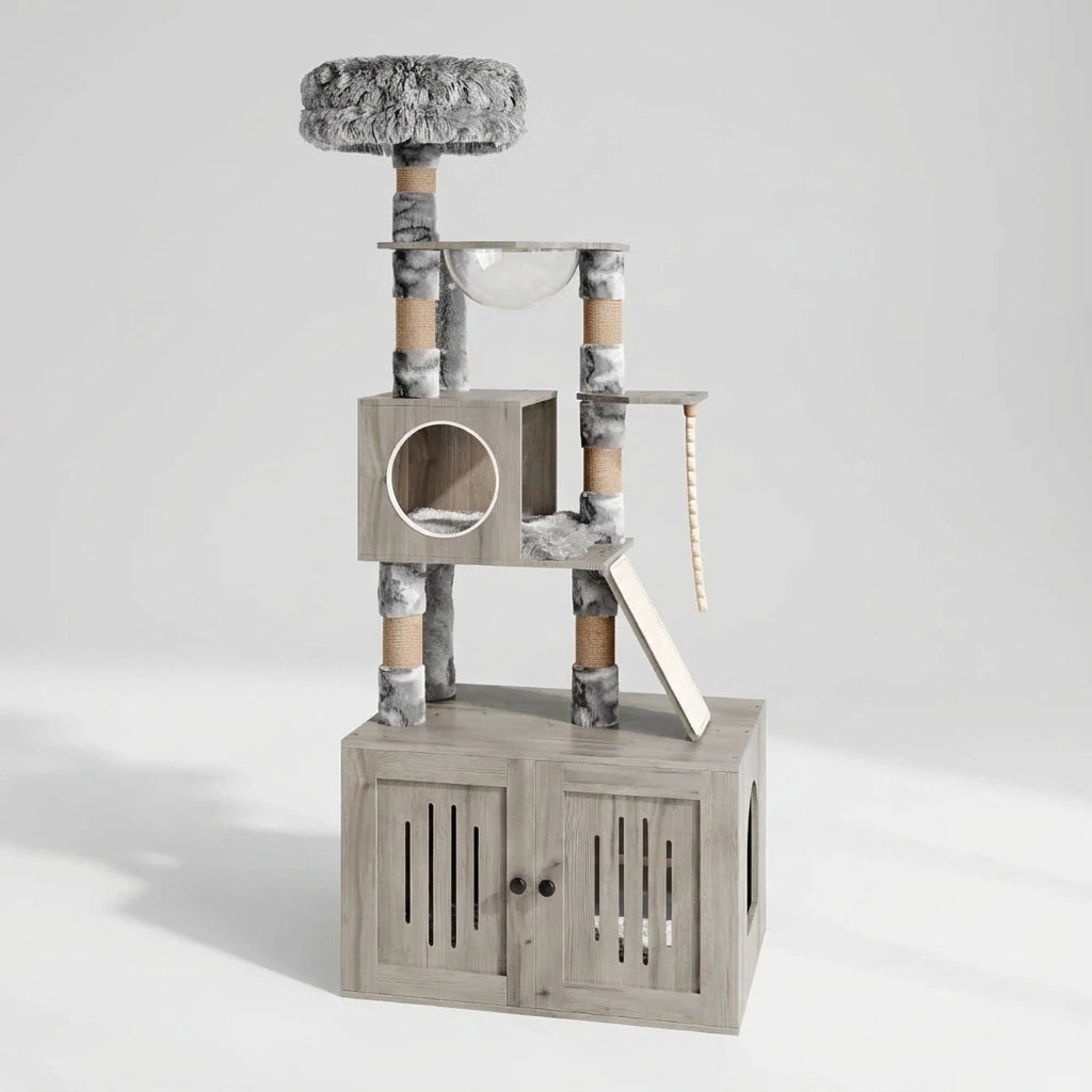 Meuble Arbre à Chat 170 cm avec Cache-Litière Intégré - Bois, Capsule & Rangement
