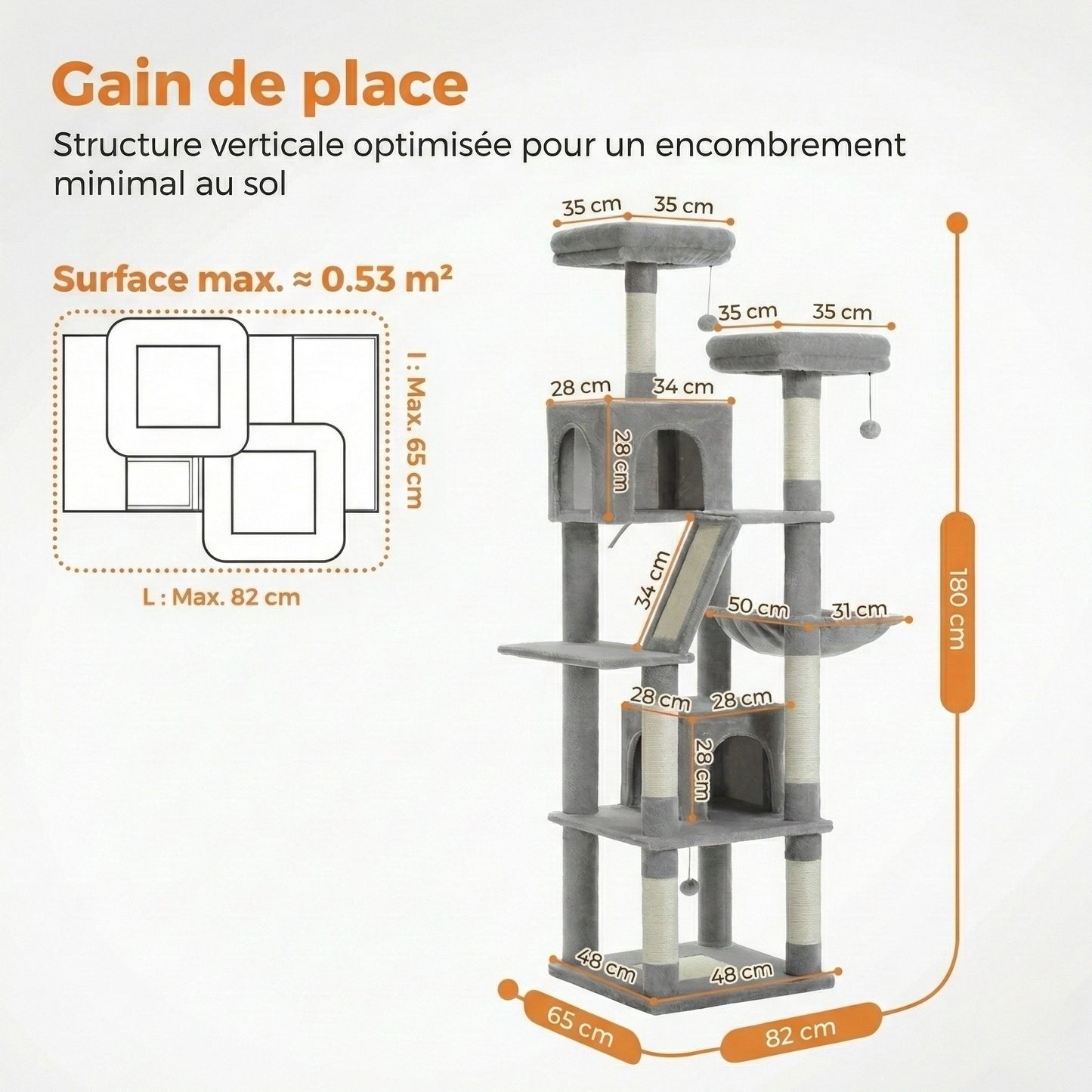 Arbre à Chat XXL 180 cm "Le Panoramique" - Double Perchoir & 2 Niches