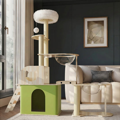 Arbre à Chat Bois XXL 150cm - Tour d'Escalade, Niche Cube Verte & Capsule