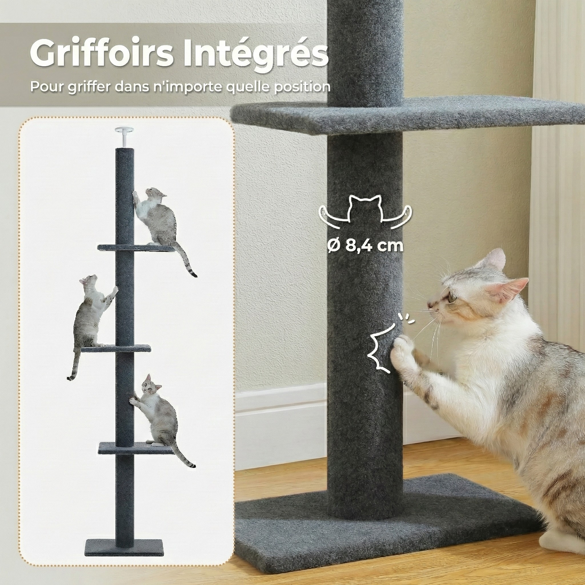 Arbre à Chat Plafond "Le Gratte-Ciel" - Ajustable (228-273cm) & Sans Perçage