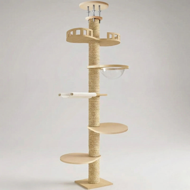 Arbre à Chat Plafond "Le Zénith" - Bois Massif & Fixation Triple Sécurité