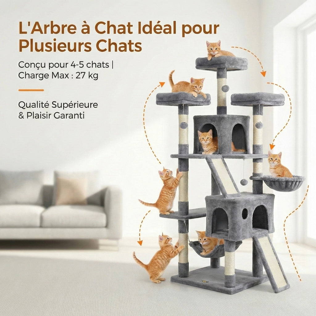 Arbre à Chat XXL 180 cm "Le Panoramique" - Double Perchoir & 2 Niches