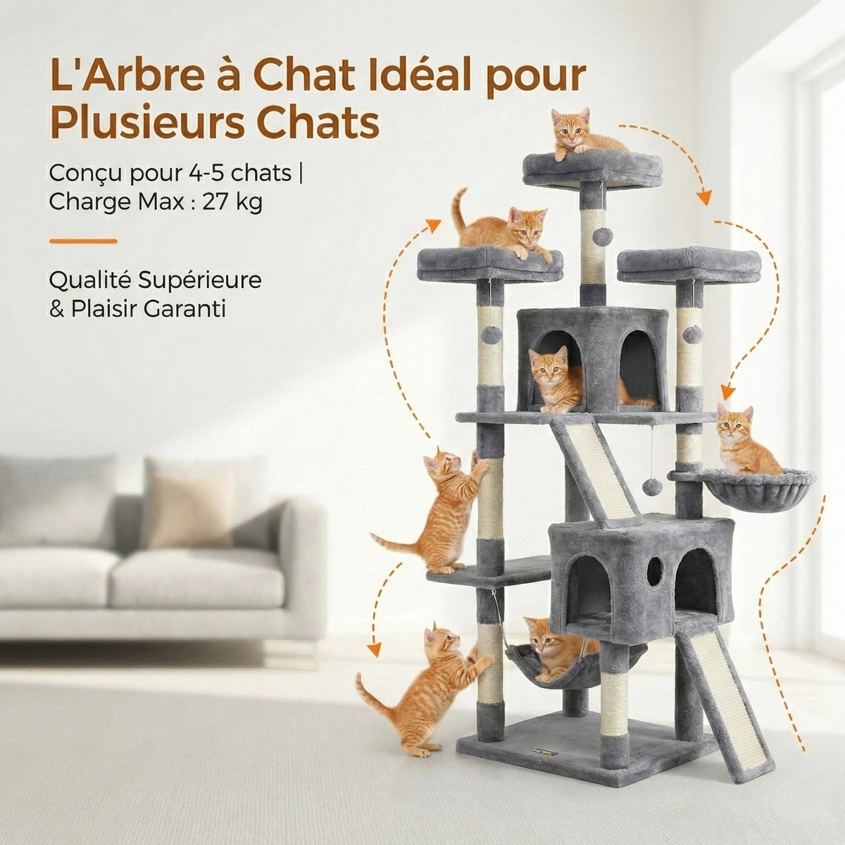 Arbre à Chat XXL 180 cm "Le Panoramique" - Double Perchoir & 2 Niches