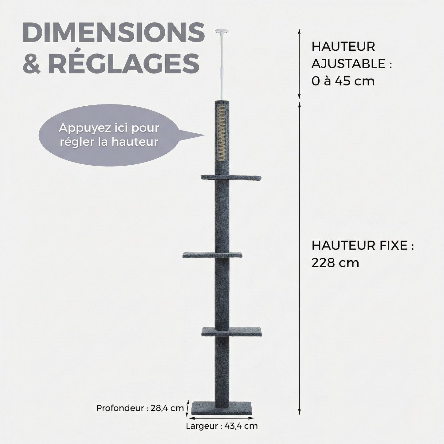 Arbre à Chat Plafond "Le Gratte-Ciel" - Ajustable (228-273cm) & Sans Perçage