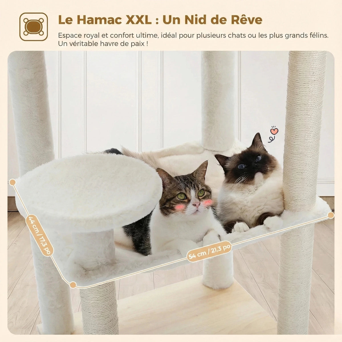 Arbre à Chat en Bois 143 cm - Coussins Lavables, Niche Cube & Sisal