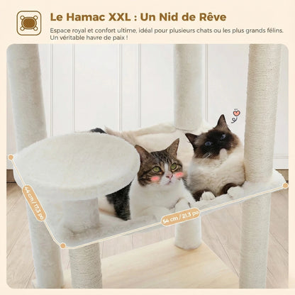 Arbre à Chat en Bois 143 cm - Coussins Lavables, Niche Cube & Sisal