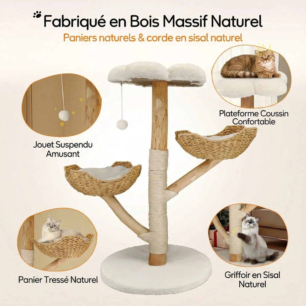 Arbre à Chat "Boho Chic" en Bois Naturel & Panier Fleur Tressé (111 cm)