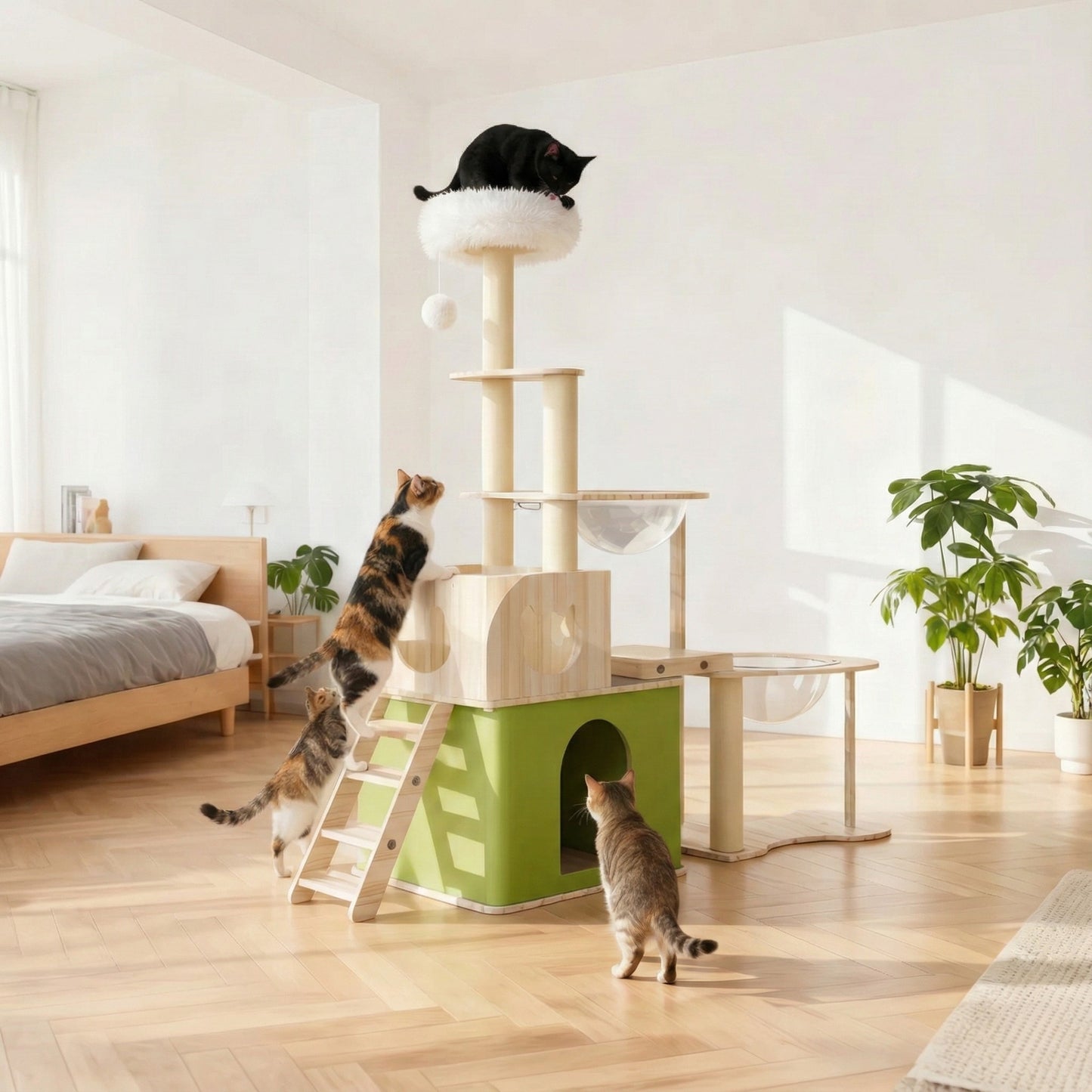 Arbre à Chat Bois XXL 150cm - Tour d'Escalade, Niche Cube Verte & Capsule