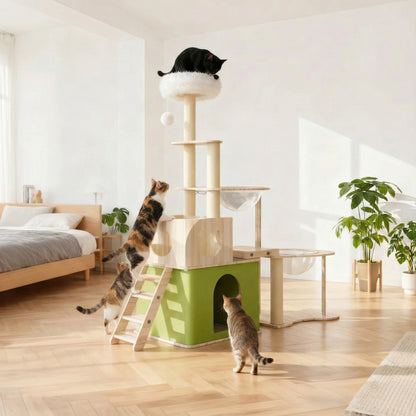 Arbre à Chat Bois XXL 150cm - Tour d'Escalade, Niche Cube Verte & Capsule