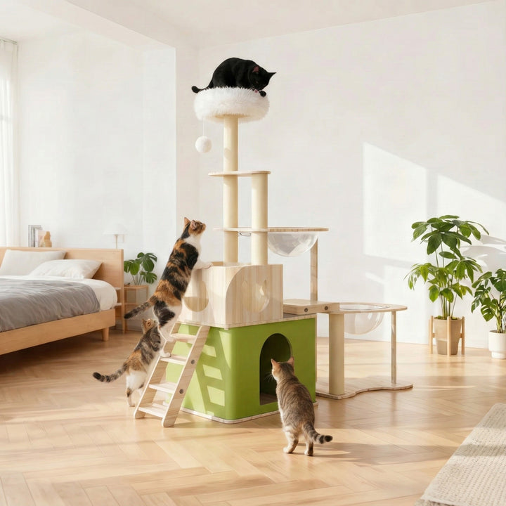 Arbre à Chat Bois XXL 150cm - Tour d'Escalade, Niche Cube Verte & Capsule