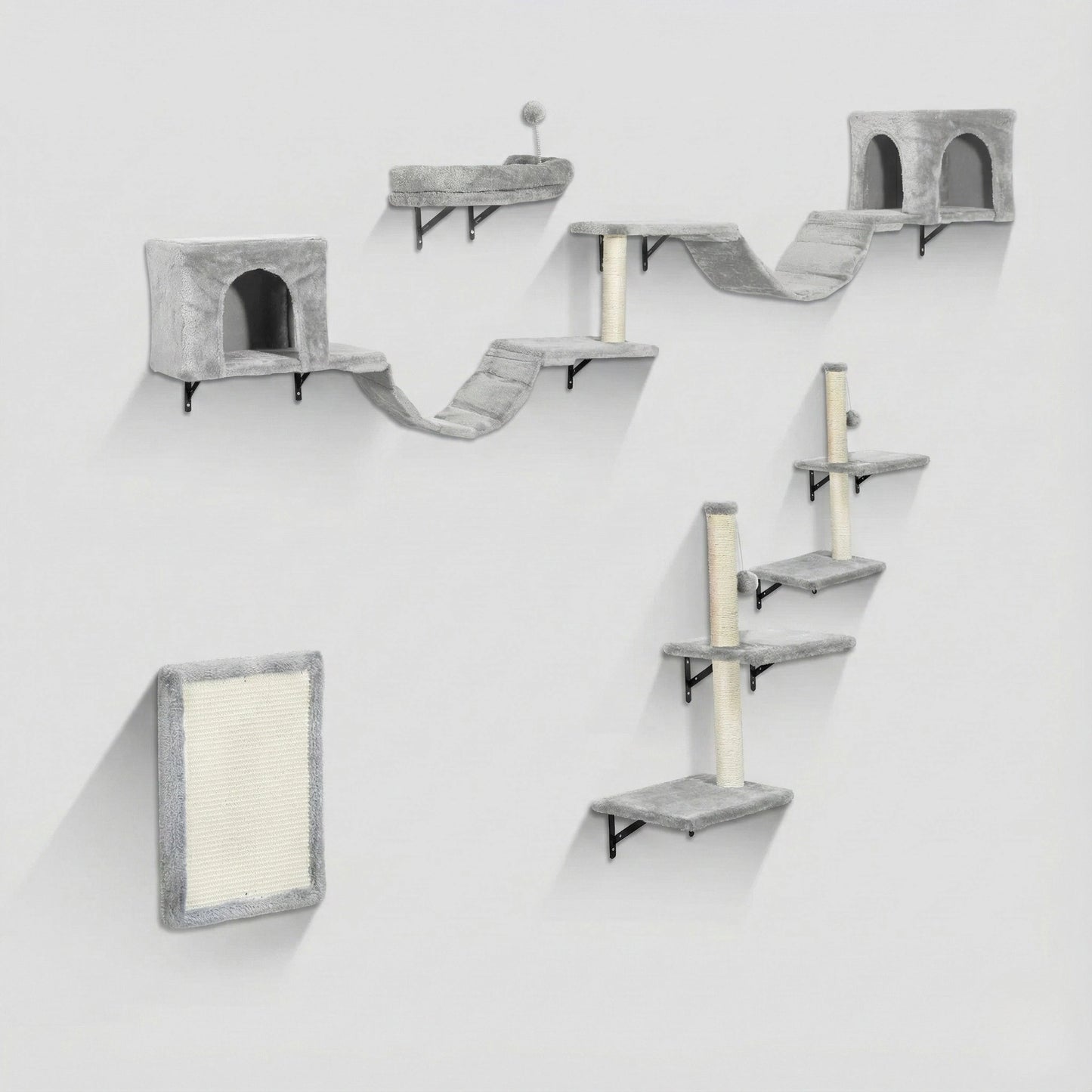 Parcours Mural pour Chat 8 Pièces - Ensemble Complet avec Niches, Pont & Griffoirs