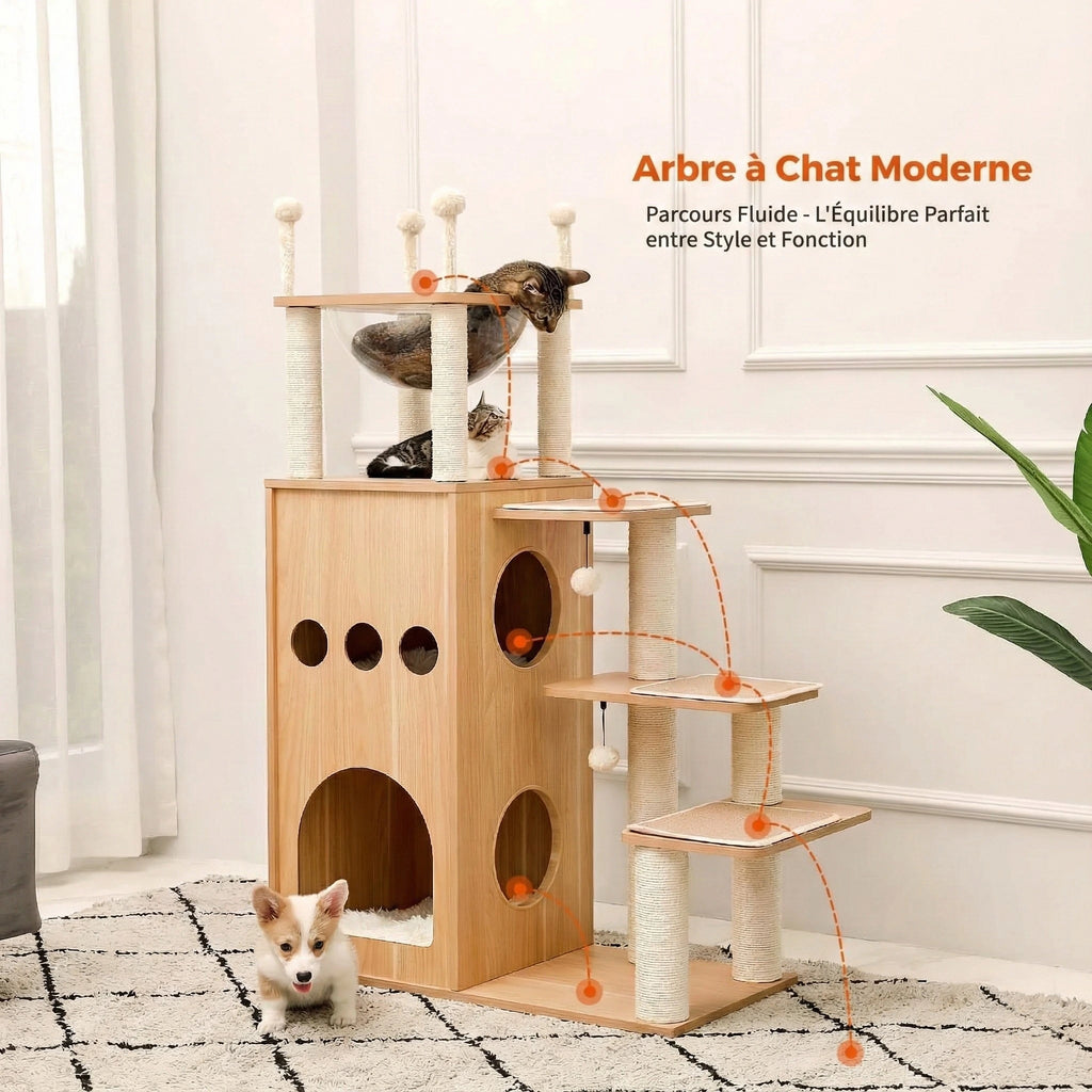 Arbre à Chat Bois Moderne "Le Château" 130 cm - Capsule Transparente & Coussins Lavables