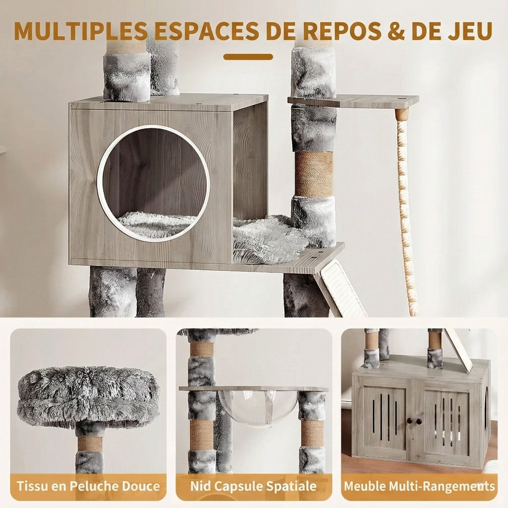 Meuble Arbre à Chat 170 cm avec Cache-Litière Intégré - Bois, Capsule & Rangement