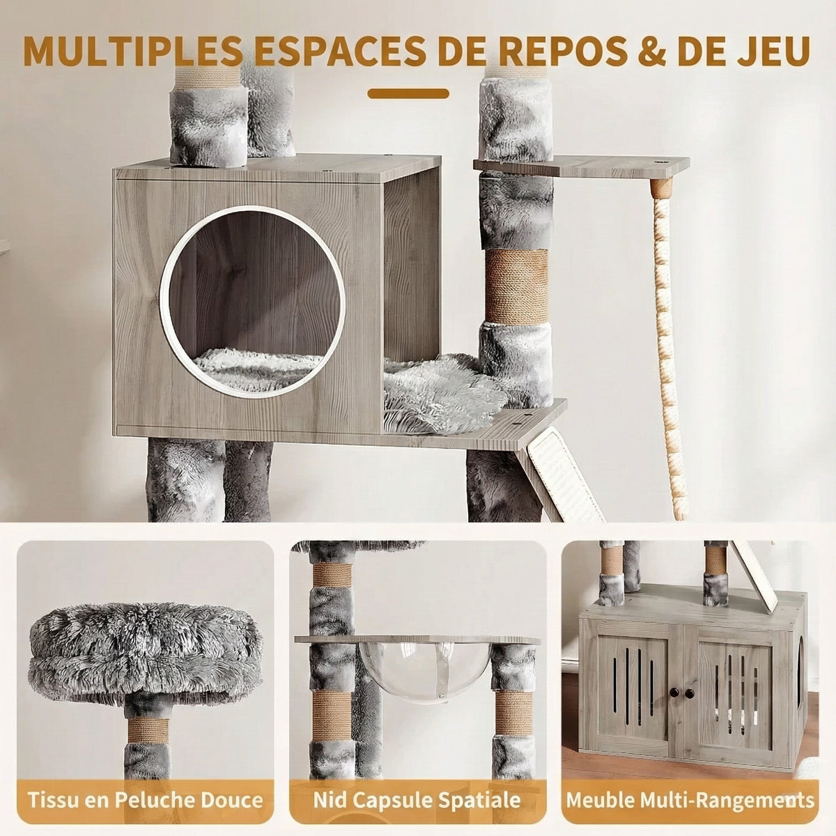 Meuble Arbre à Chat 170 cm avec Cache-Litière Intégré - Bois, Capsule & Rangement