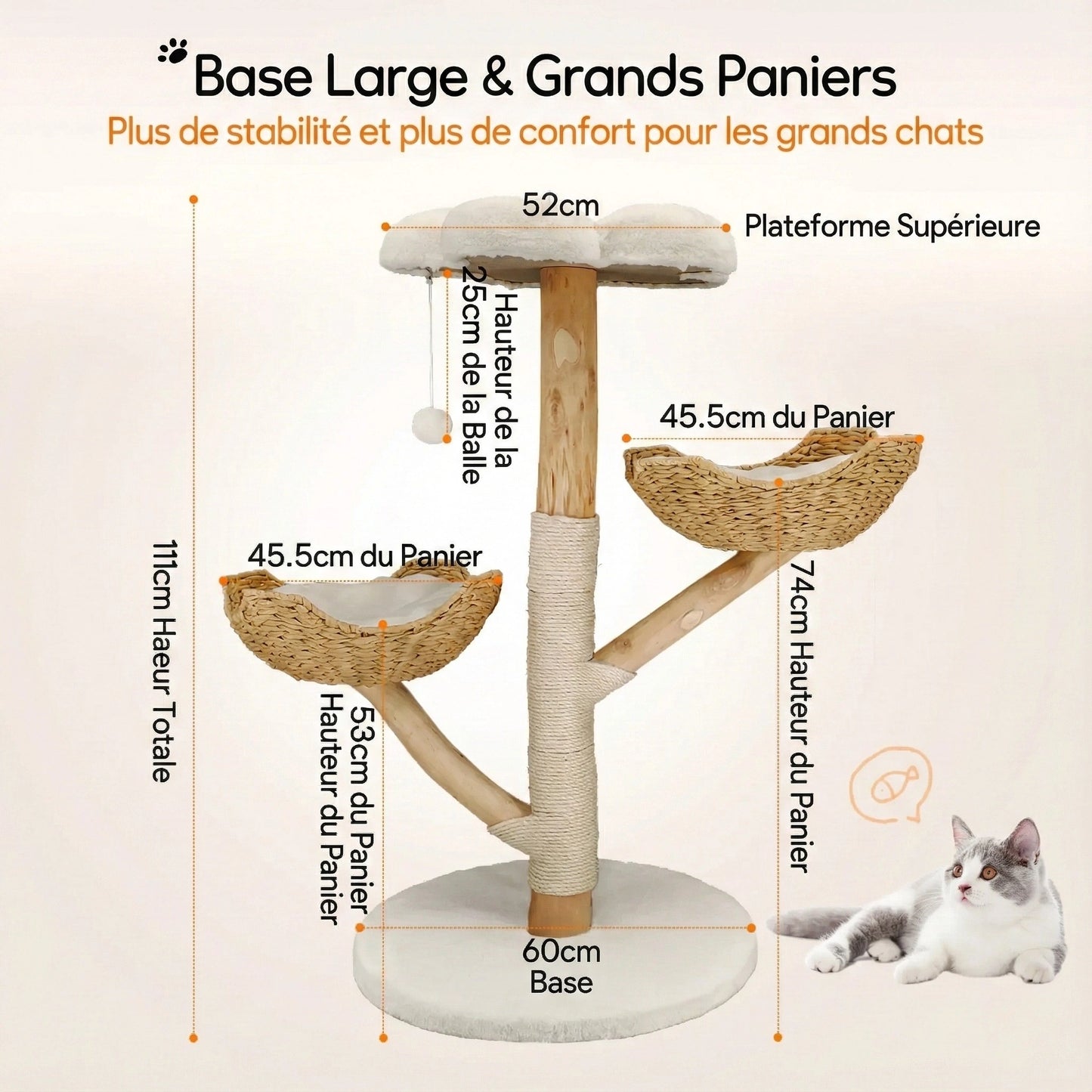Arbre à Chat "Boho Chic" en Bois Naturel & Panier Fleur Tressé (111 cm)