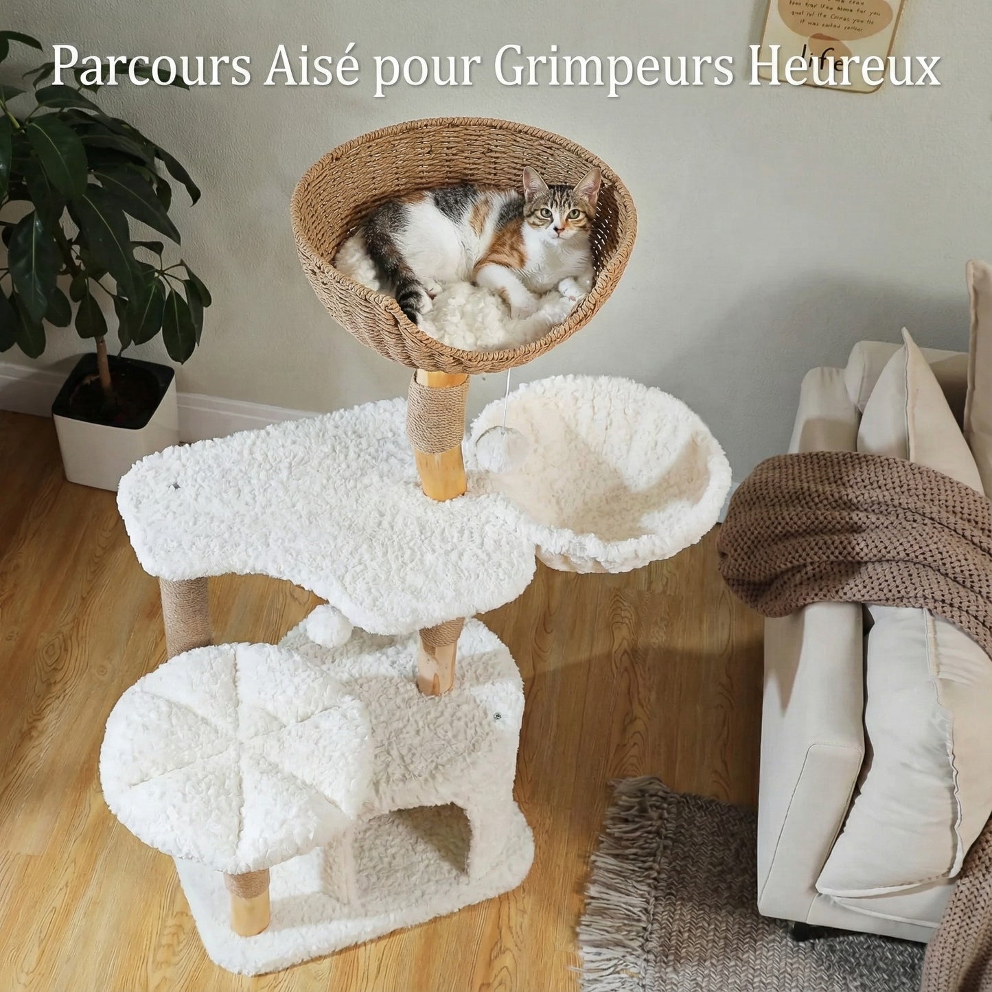 Arbre à Chat Design Fleur & Rotin 123 cm - Panier Tissé & Bois