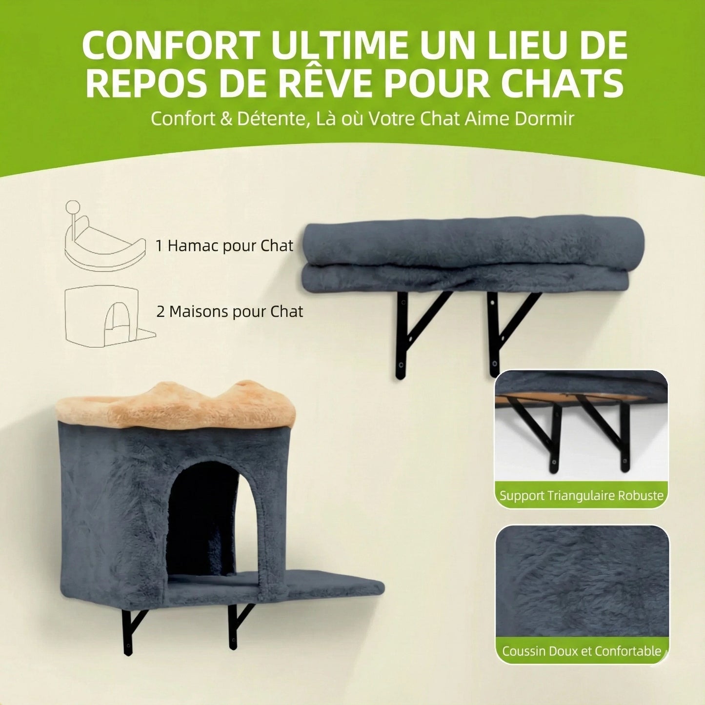 Parcours Mural Chat "Urban Cactus" 7 Pièces - Gris & Jaune avec Niche & Hamac