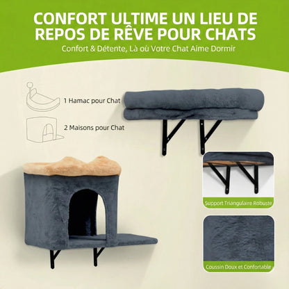 Parcours Mural Chat "Urban Cactus" 7 Pièces - Gris & Jaune avec Niche & Hamac